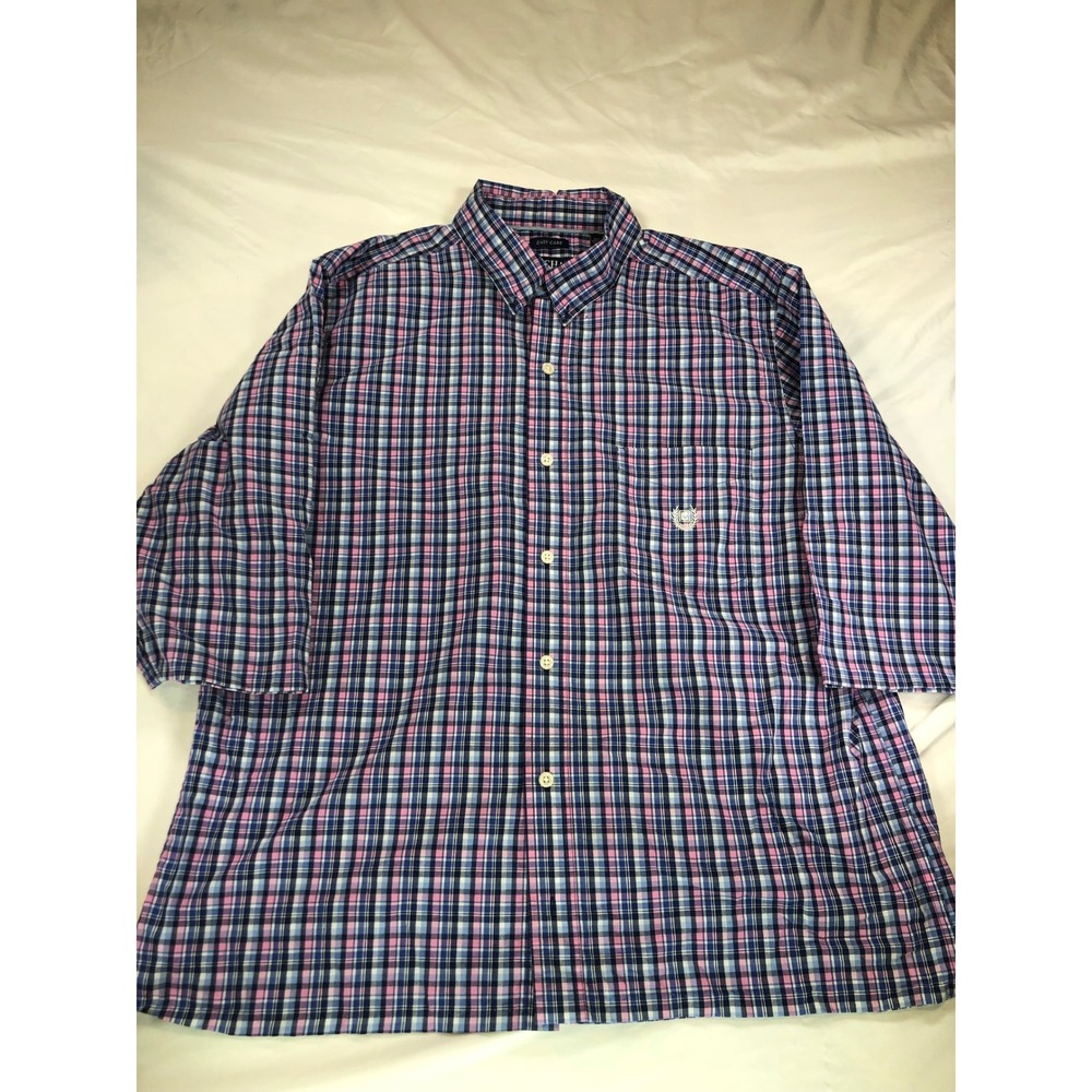 Chaps Easy Care Mens‎ Large Pink Blue Plaid Short Sleeve Button Down Shirt